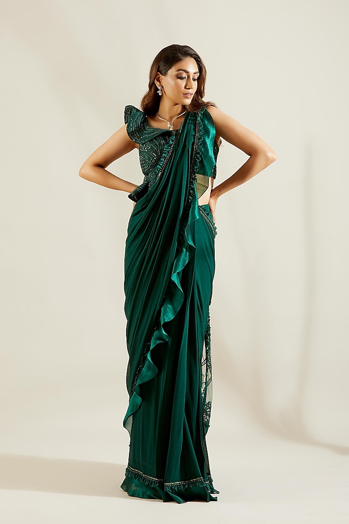 Emerald Green Hand Embroidered Pre-Draped Wedding Saree Set by Adaara Couture at Pernia's Pop Up Shop