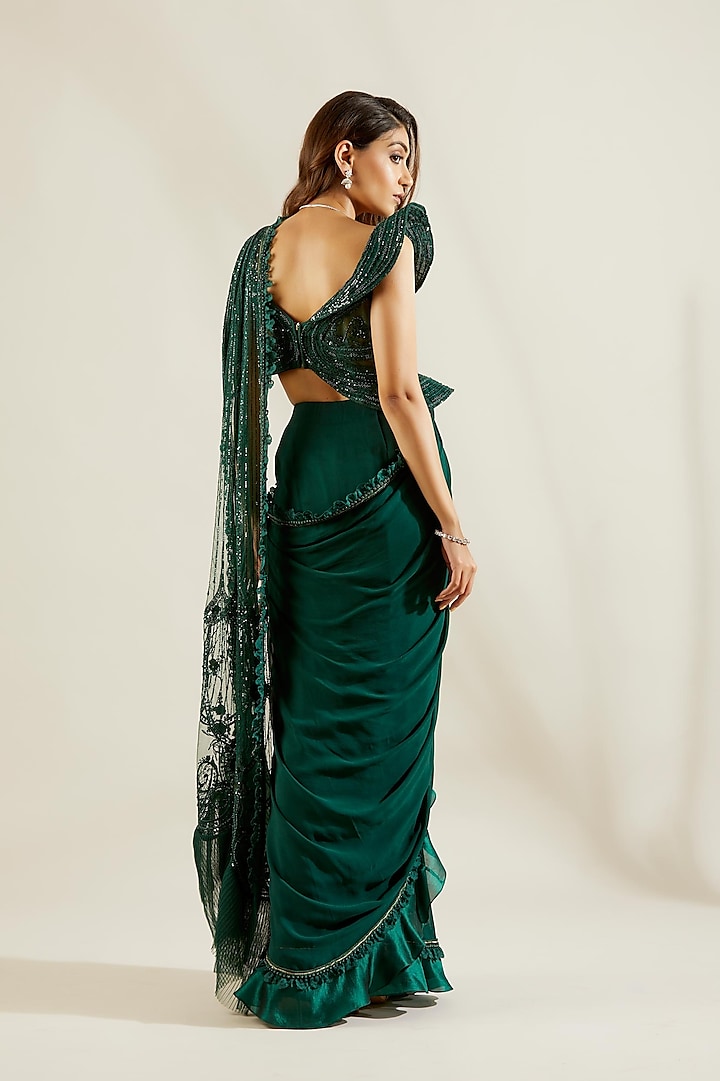 Emerald Green Hand Embroidered Pre-Draped Reception Saree Set by Adaara Couture at Pernia's Pop Up Shop