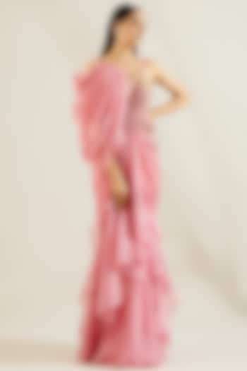 Ballerina Pink Embellished Ruffled Draped Saree Set by Adaara Couture