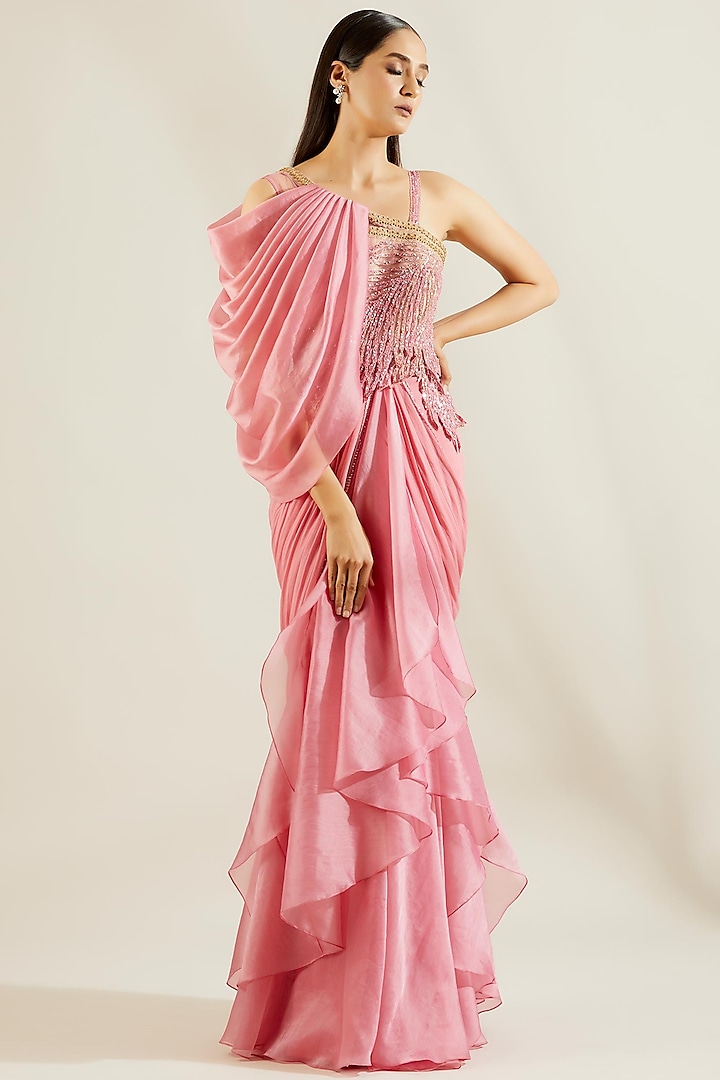 Ballerina Pink Embellished Ruffled Draped Saree Set by Adaara Couture