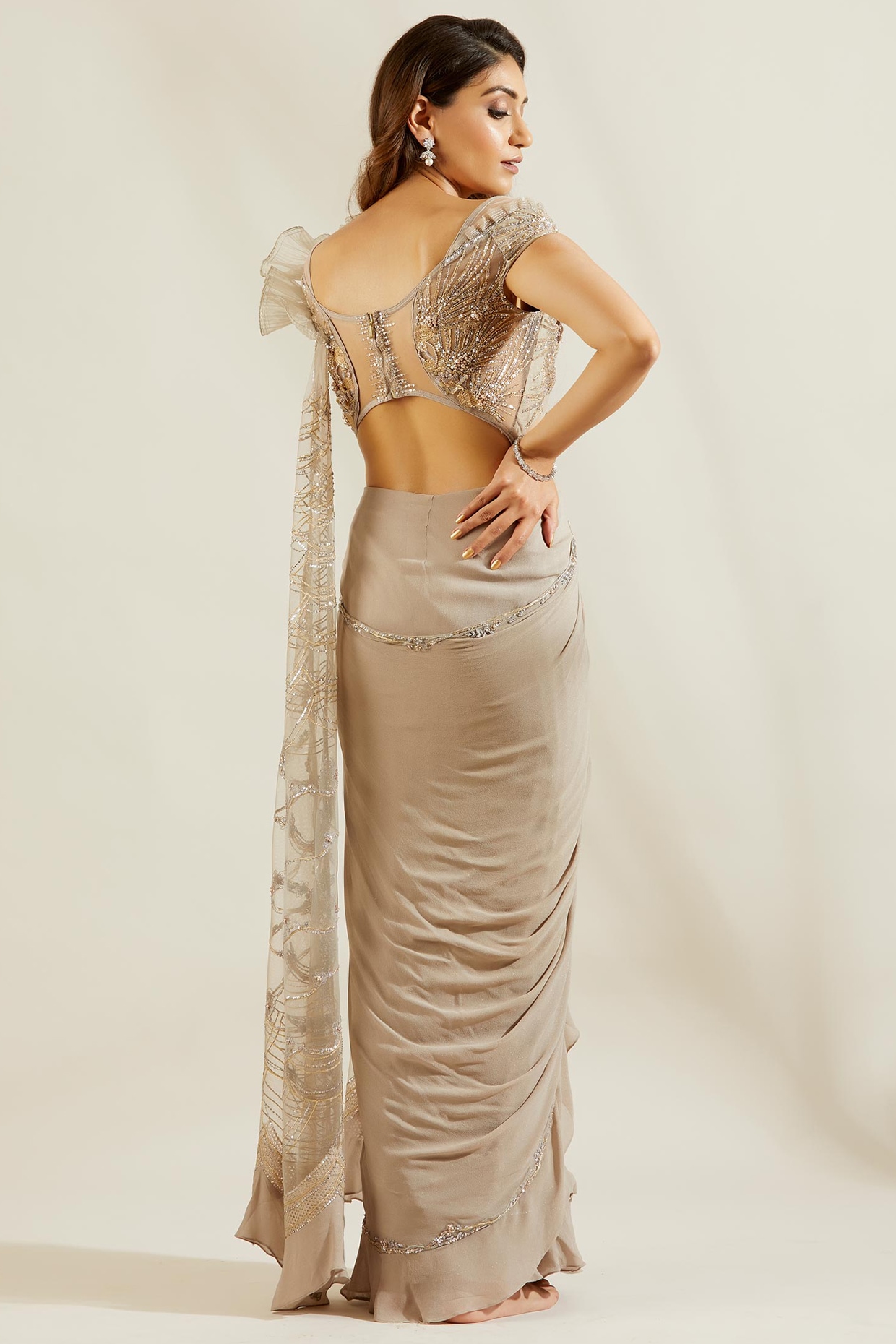 Grey ombre shaded shimmer georgette saree with zari buttis and pearl a