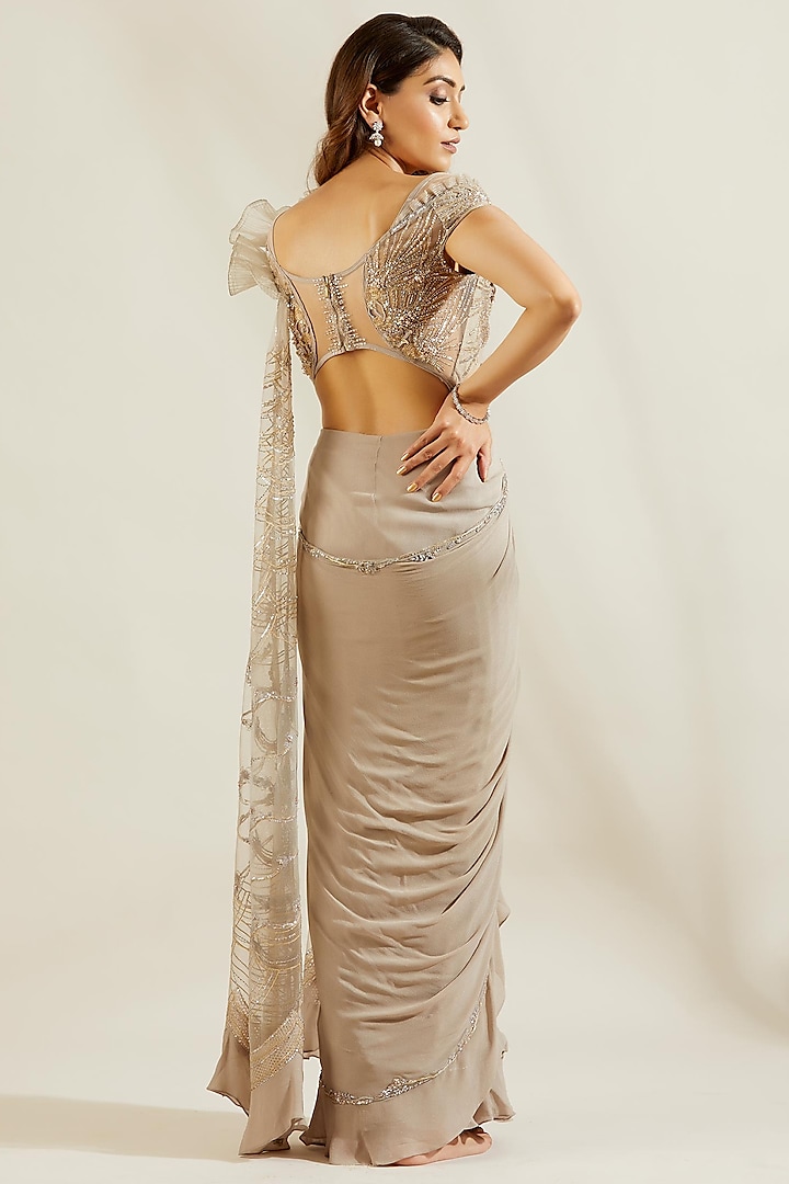 Grey Gold Georgette & Net Pre-Stitched Draped Reception Saree Set by Adaara Couture at Pernia's Pop Up Shop