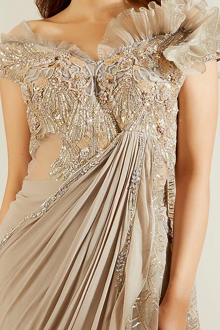 Grey Gold Georgette & Net Pre-Stitched Draped Reception Saree Set by Adaara Couture at Pernia's Pop Up Shop