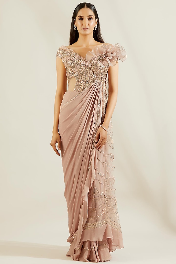Dusty Pink Pre-Stitched Draped Saree With Embroidered Blouse by Adaara Couture
