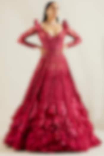 Crimson Red Hand Embroidered Gown by Adaara Couture