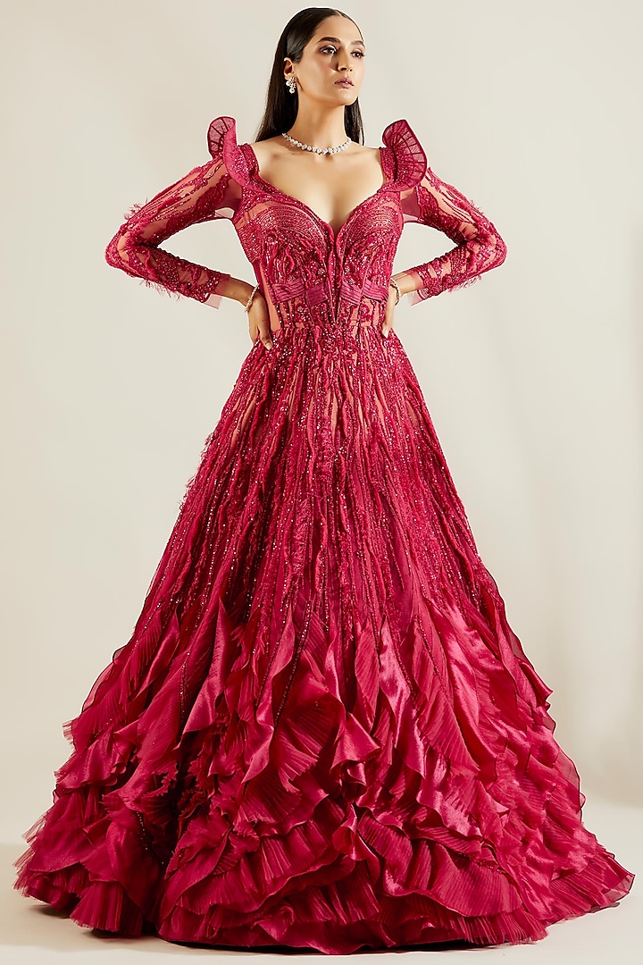 Crimson Red Hand Embroidered Gown by Adaara Couture