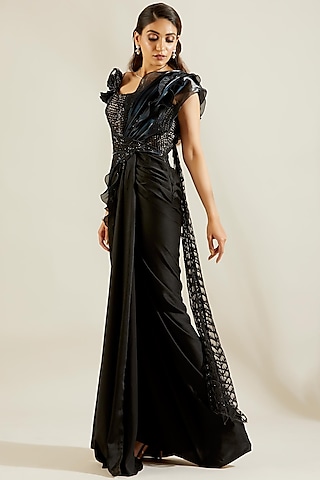 Black Draped Saree With Embroidered Blouse by Adaara Couture