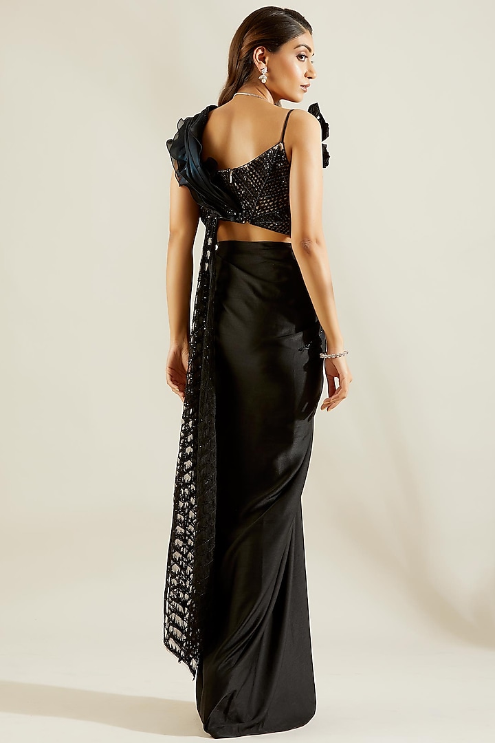 Black Draped Reception Saree With Embroidered Blouse by Adaara Couture at Pernia's Pop Up Shop