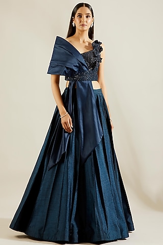 Blue Lehenga Set With 3D Work by Adaara Couture