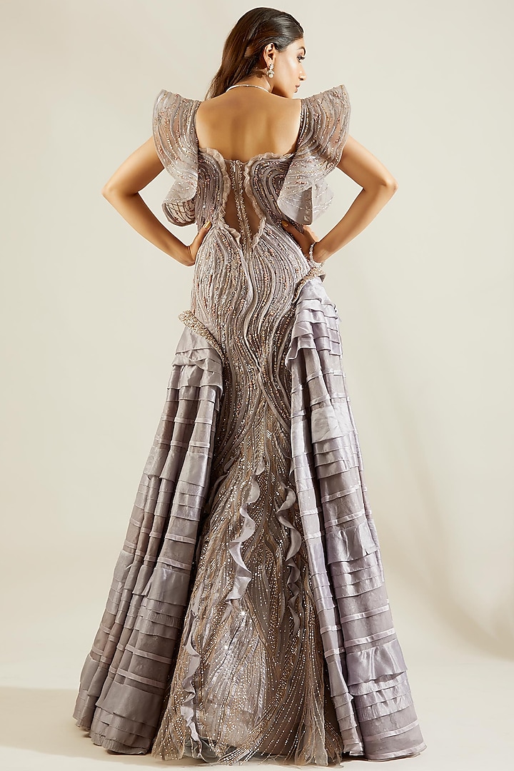 Mauve Hand Embroidered Layered Fish-Cut Gown by Adaara Couture at Pernia's Pop Up Shop