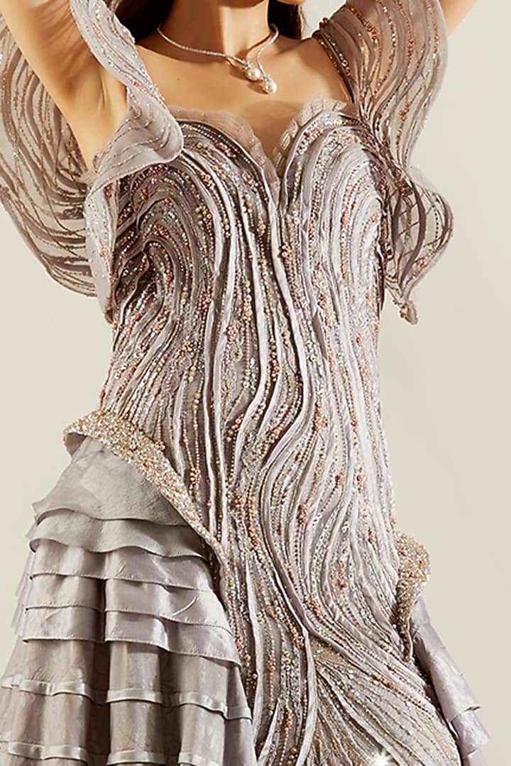 Mauve Hand Embroidered Layered Fish-Cut Gown by Adaara Couture at Pernia's Pop Up Shop