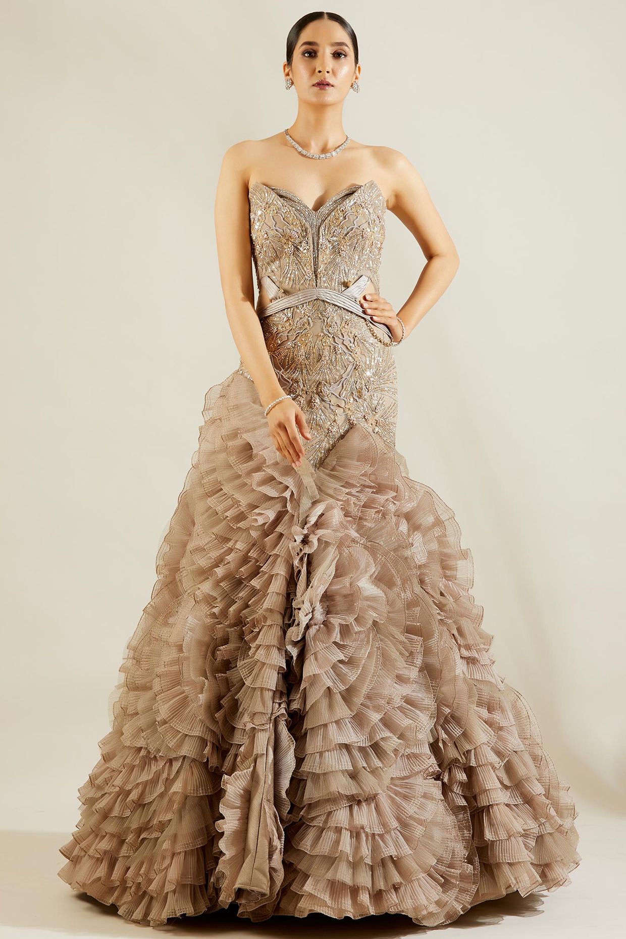 Custom made intricately embroidered fish cut gown with feather bottom with  train | Gown party wear, Cocktail dresses with sleeves, Fish cut gown