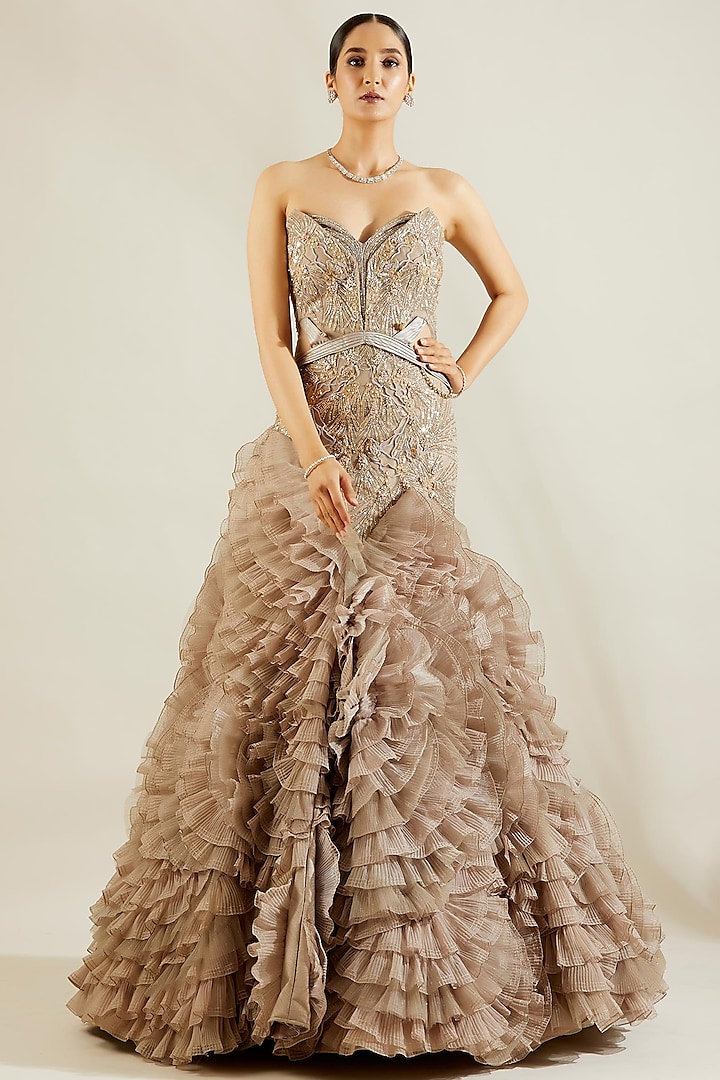 Grey Gold Hand Embroidered Fish-Cut Gown by Adaara Couture