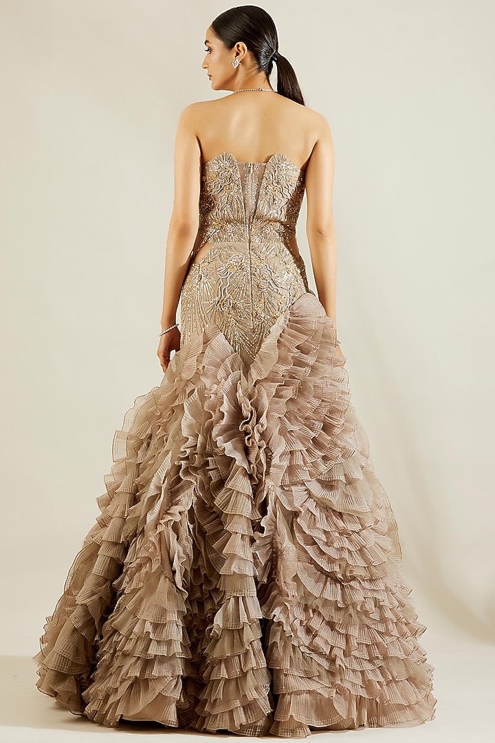 Grey Gold Hand Embroidered Fish-Cut Gown by Adaara Couture at Pernia's Pop Up Shop