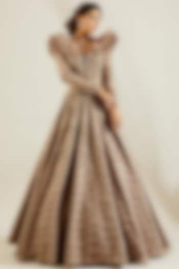 Grey Gold Hand Embroidered Ruffled Ball Gown by Adaara Couture