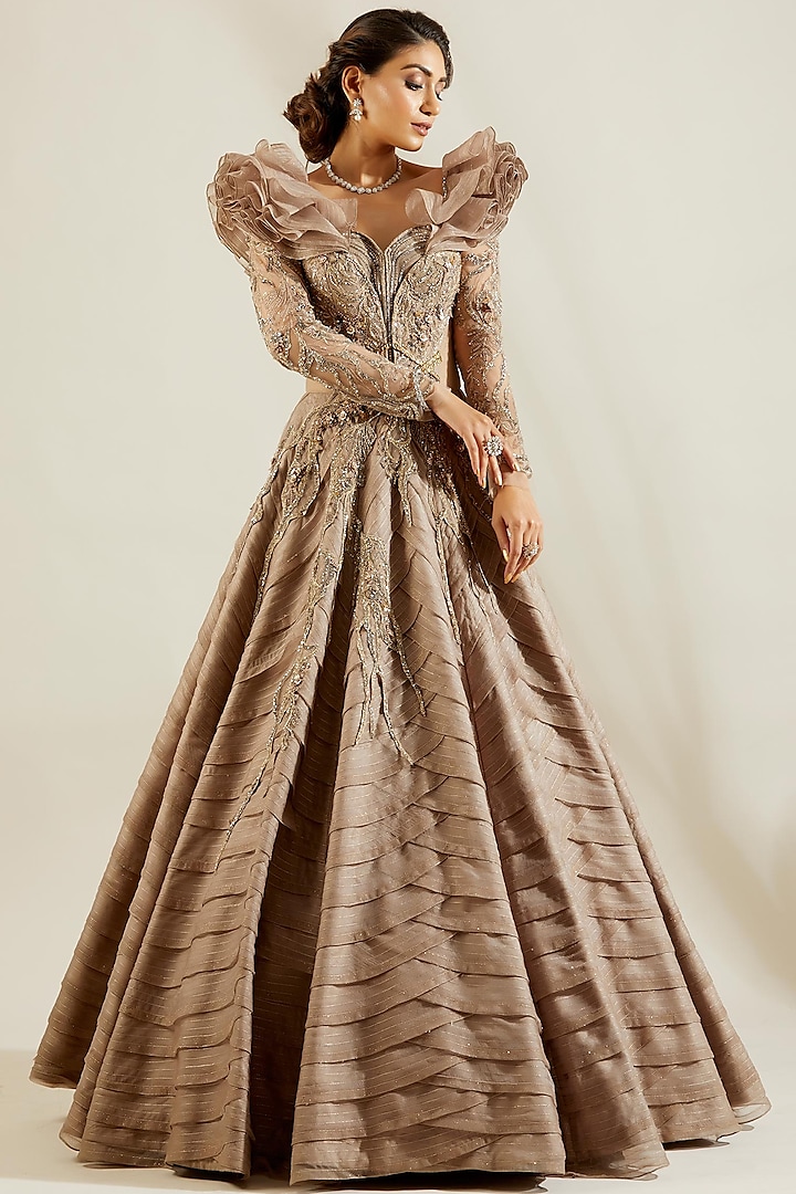 Grey Gold Hand Embroidered Ruffled Ball Gown by Adaara Couture