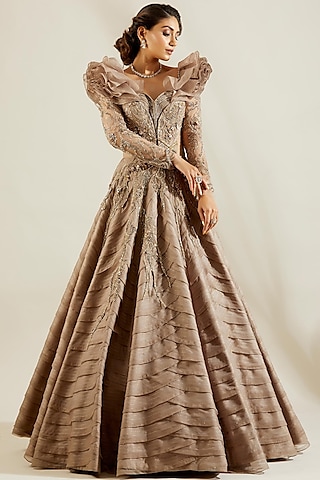 Grey Gold Hand Embroidered Ruffled Ball Gown by Adaara Couture