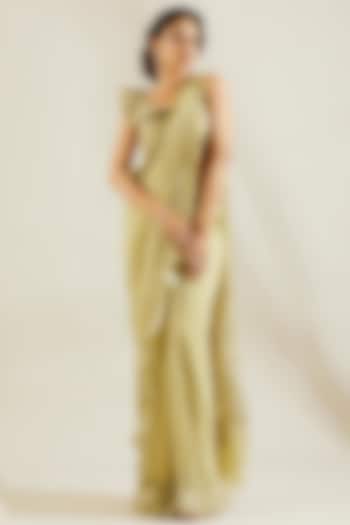 Tea Green Hand Embroidered Pre-Draped Reception Saree Set by Adaara Couture at Pernia's Pop Up Shop