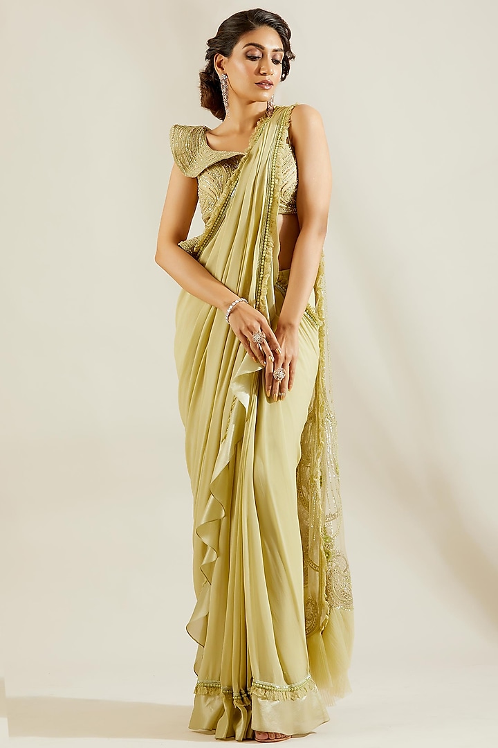 Tea Green Hand Embroidered Pre-Draped Reception Saree Set by Adaara Couture at Pernia's Pop Up Shop