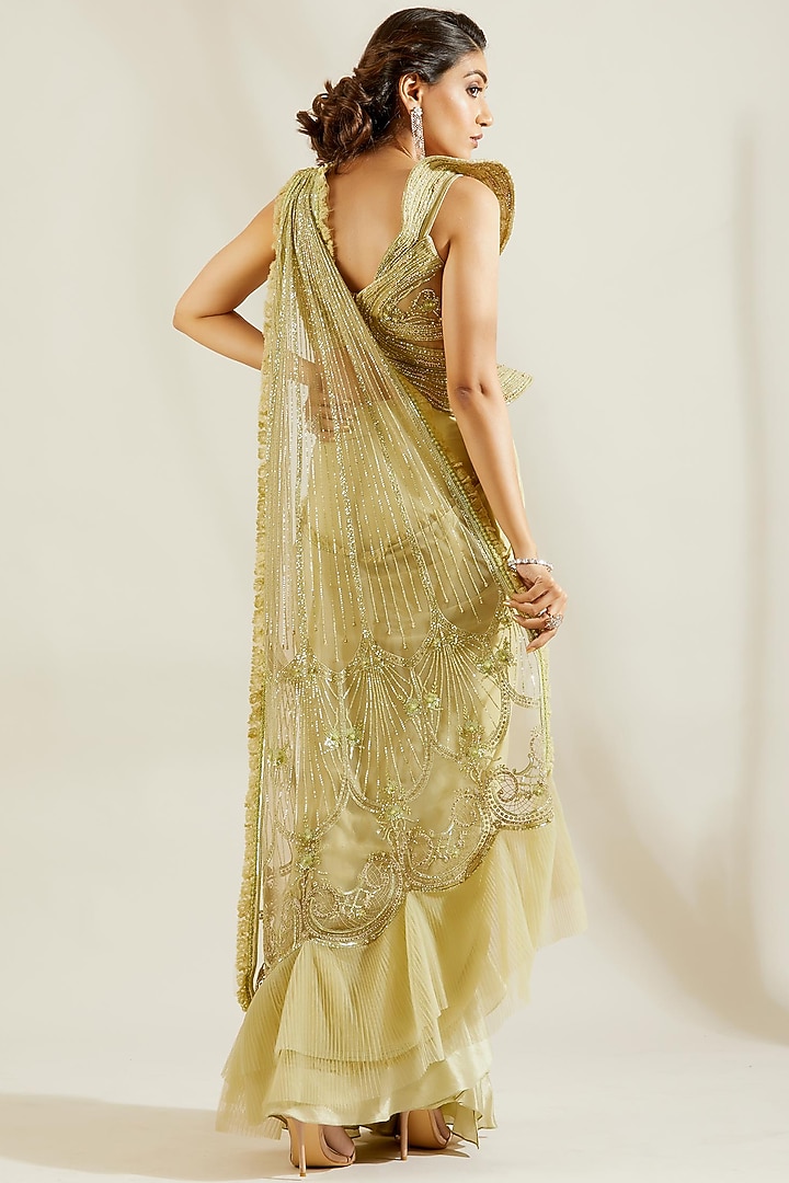 Tea Green Hand Embroidered Pre-Draped Reception Saree Set by Adaara Couture at Pernia's Pop Up Shop