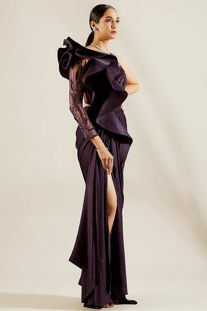 Purple Hand Embroidered Pre-Draped Saree Gown by Adaara Couture
