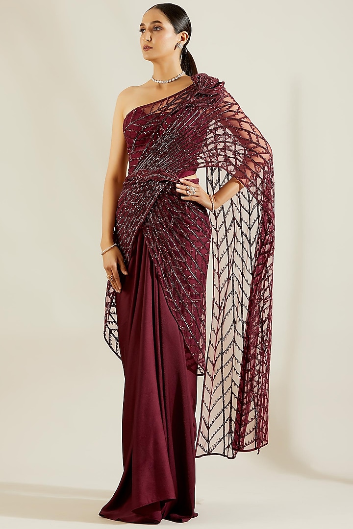 Wine Hand Embroidered Draped Saree Set by Adaara Couture