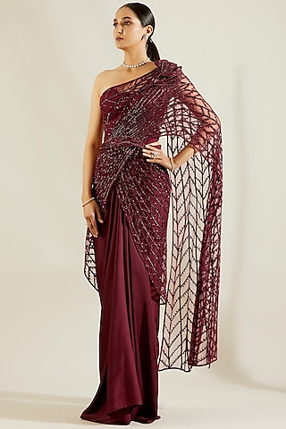 Wine Hand Embroidered Draped Saree Set by Adaara Couture