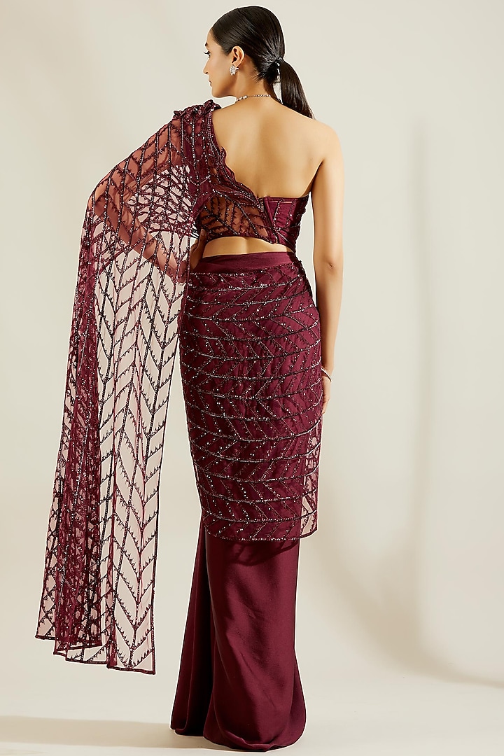 Wine Hand Embroidered Draped Reception Saree Set by Adaara Couture at Pernia's Pop Up Shop