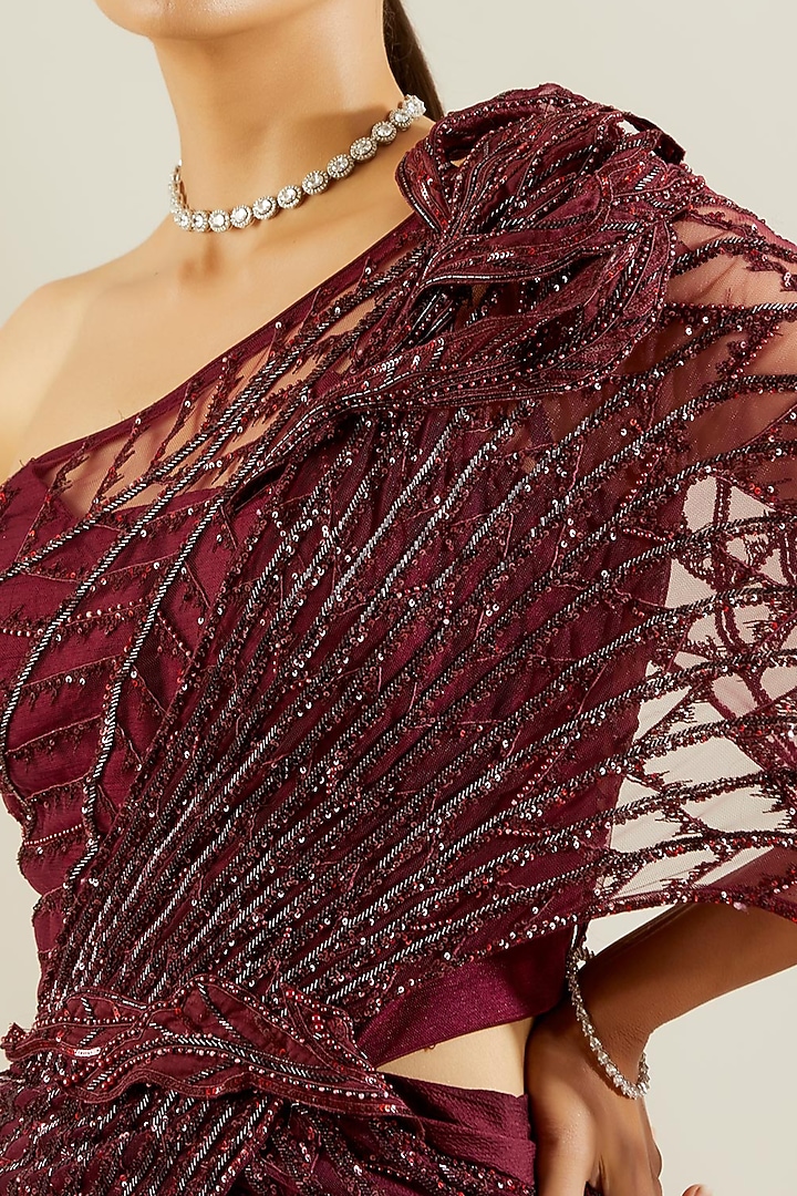 Wine Hand Embroidered Draped Reception Saree Set by Adaara Couture at Pernia's Pop Up Shop