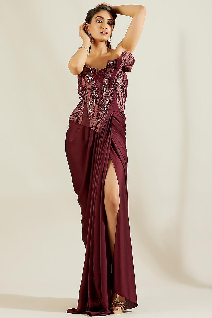 Wine Hand Embroidered Draped Gown Saree Set by Adaara Couture
