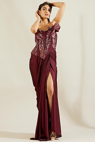Wine Hand Embroidered Draped Gown Saree Set by Adaara Couture