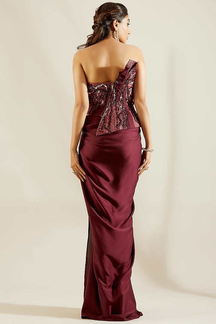 Wine Hand Embroidered Draped Reception Gown Saree Set by Adaara Couture at Pernia's Pop Up Shop