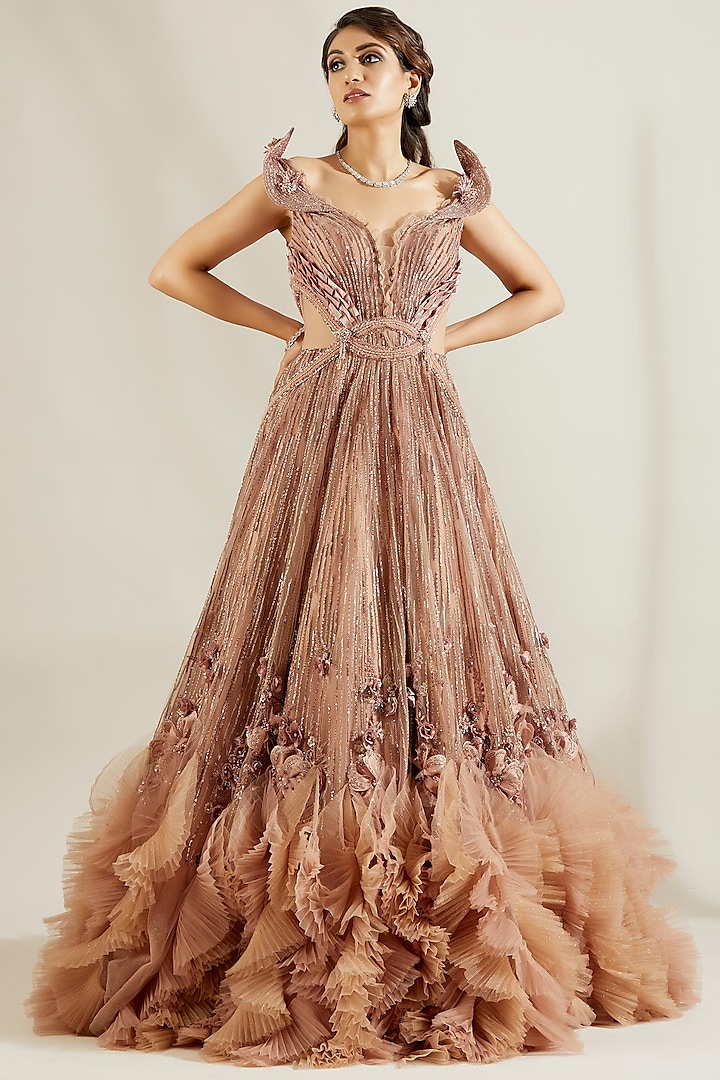Dusty Pink Hand Embroidered Gown by Adaara Couture