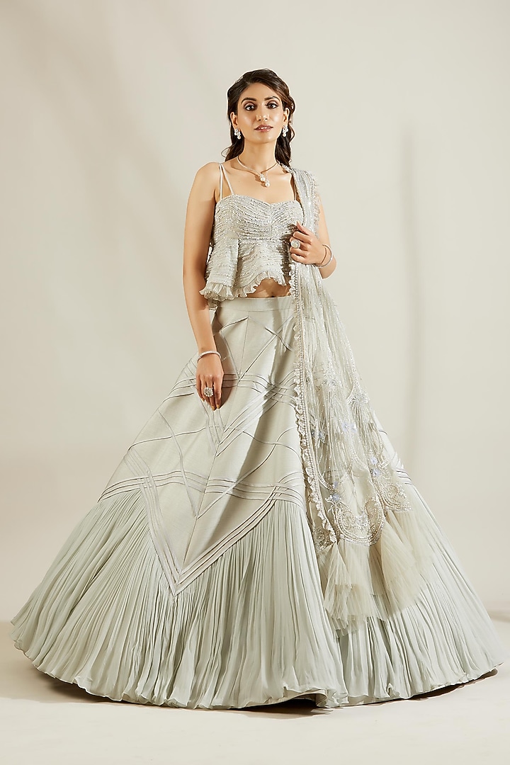 Powder Blue Stripes Hand Embroidered Layered Wedding Lehenga Set by Adaara Couture at Pernia's Pop Up Shop