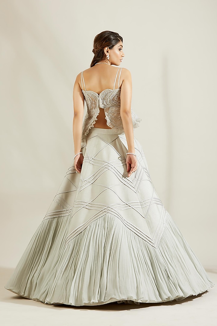 Powder Blue Stripes Hand Embroidered Layered Wedding Lehenga Set by Adaara Couture at Pernia's Pop Up Shop