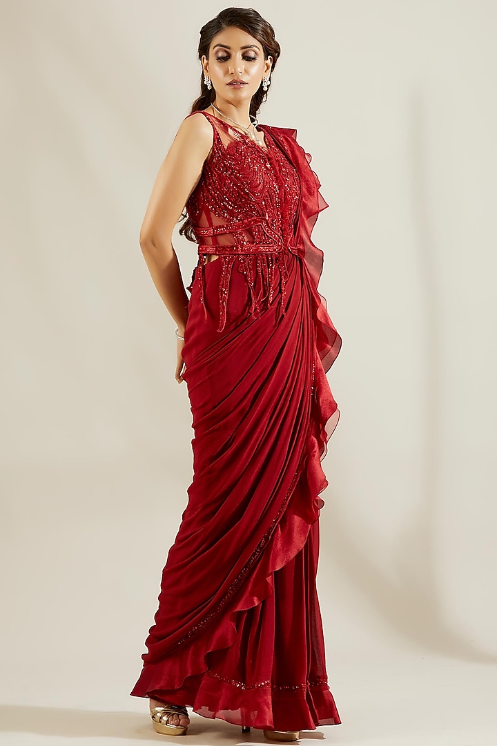 Crimson Red Hand Embroidered Pre-Stitched Draped Saree Set by Adaara Couture