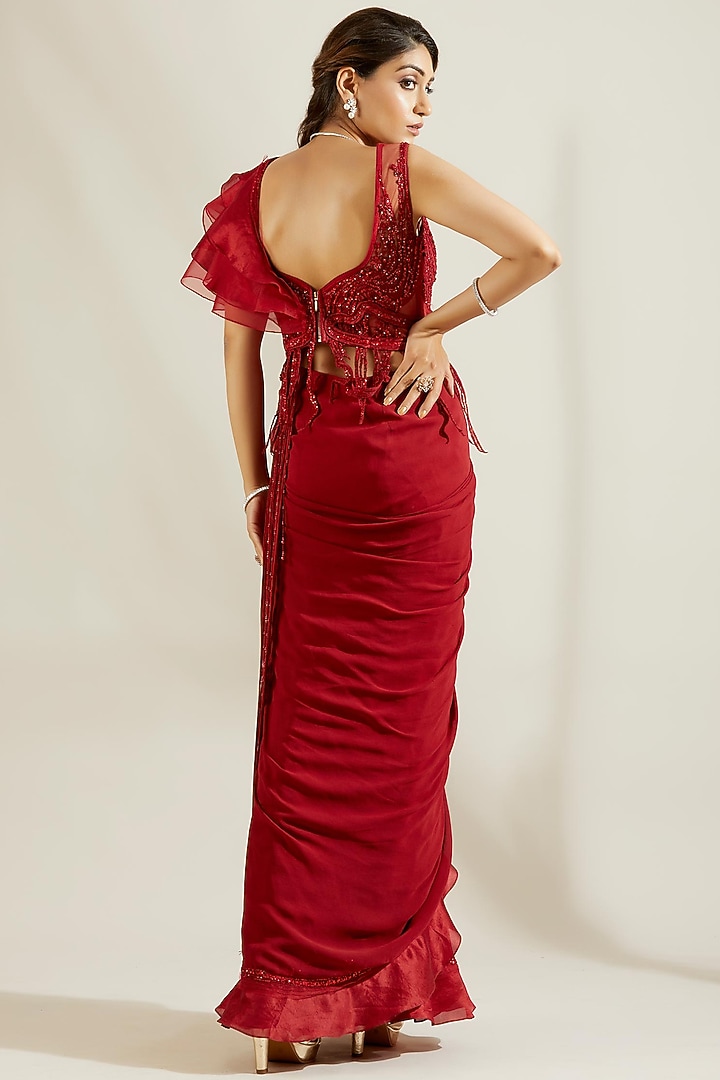 Crimson Red Georgette Hand & Machine Embroidered Draped Reception Saree Set by Adaara Couture at Pernia's Pop Up Shop