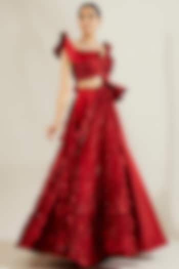 Crimson Red Raw Silk Skirt Set by Adaara Couture