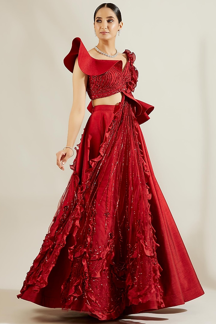 Crimson Red Raw Silk Skirt Set by Adaara Couture