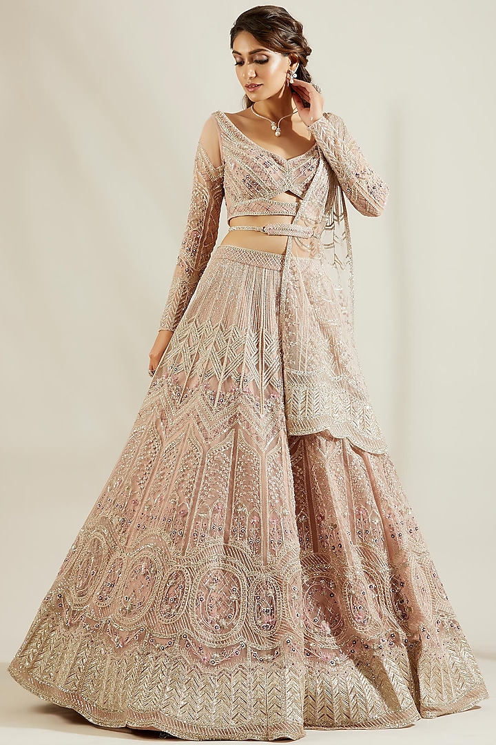 Silver Pink Hand Embroidered Lehenga Set by Adaara Couture