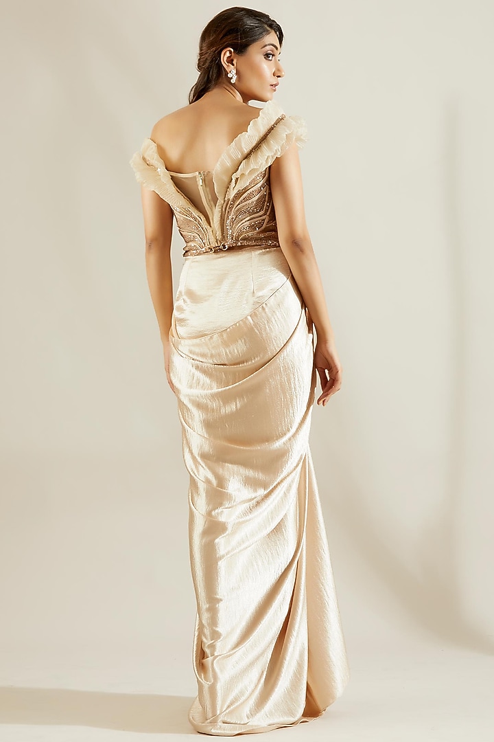 Beige Sandwash & Net Embellished Pre-Draped Dhoti Wedding Saree Set by Adaara Couture at Pernia's Pop Up Shop