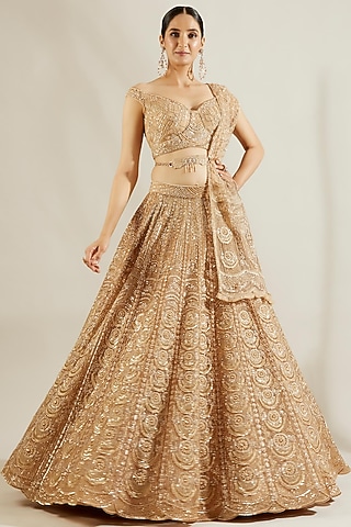 Tuscany Gold Pearl Embellished Paneled Lehenga Set by Adaara Couture