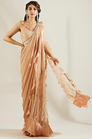 Tuscany Gold Hand Embroidered Pre-Draped Saree Set by Adaara Couture