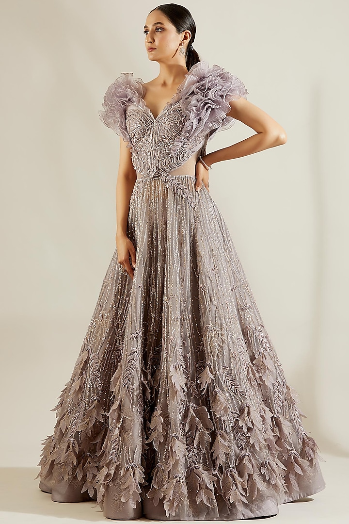 Periwinkle Hand Embroidered Ball Gown by Adaara Couture