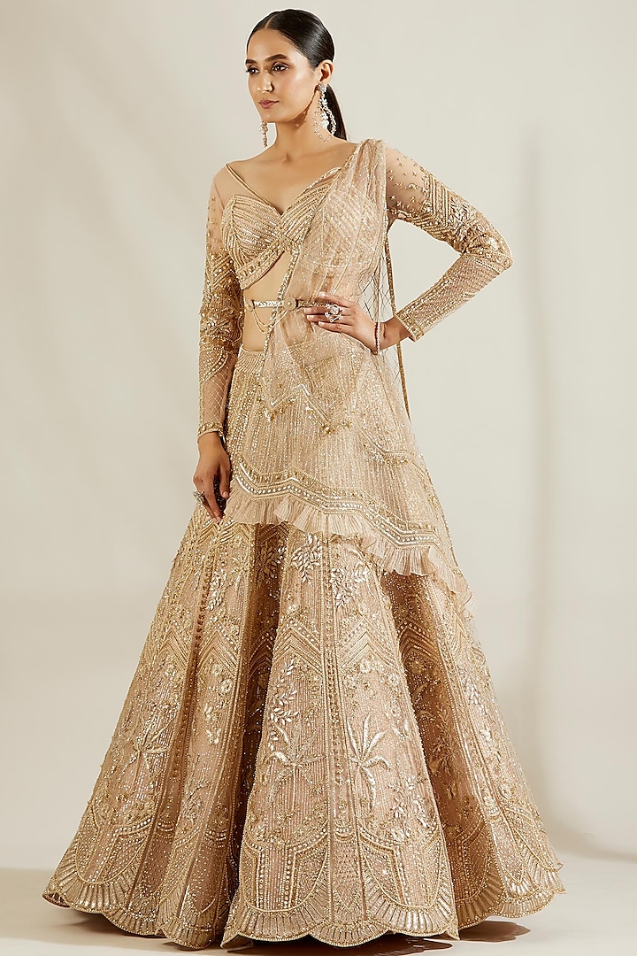 Tuscany Gold Pearl Hand Embroidered Lehenga Set by Adaara Couture