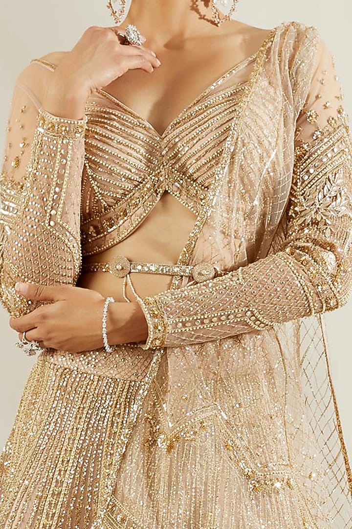 Tuscany Gold Pearl Hand Embroidered Bridal Lehenga Set by Adaara Couture at Pernia's Pop Up Shop