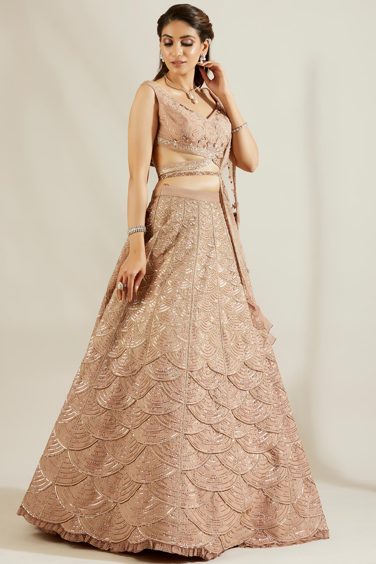 Tuscany Gold Hand Embroidered Scalloped Bridal Lehenga Set by Adaara Couture at Pernia's Pop Up Shop