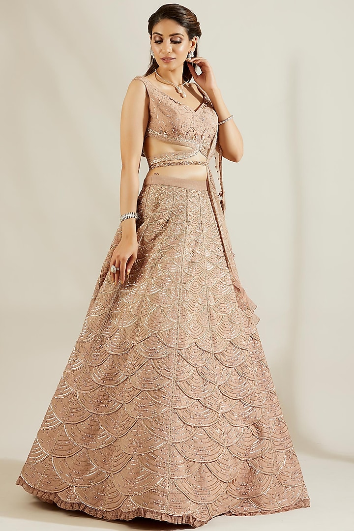 Tuscany Gold Hand Embroidered Scalloped Lehenga Set by Adaara Couture