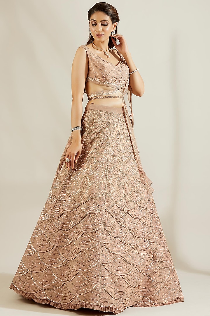 Tuscany Gold Hand Embroidered Scalloped Bridal Lehenga Set by Adaara Couture at Pernia's Pop Up Shop