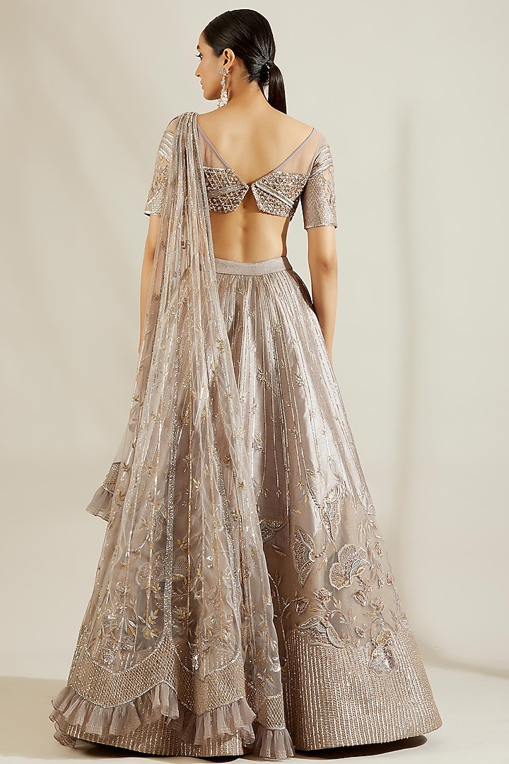 Grey Floral Hand Embroidered Bridal Lehenga Set by Adaara Couture at Pernia's Pop Up Shop